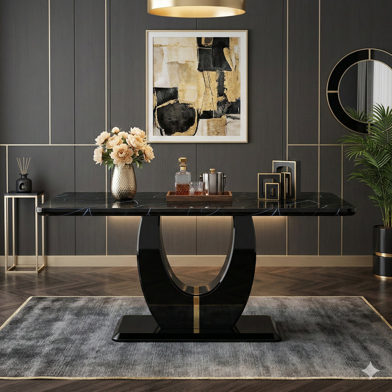 63'' Modern Black Dining Table with Imitation Marble Grain MDF Top, Simple Yet Luxurious Rectangular Design, Functions as Office Desk, Computer Table, Game Desk, or Dining Table for Various Rooms