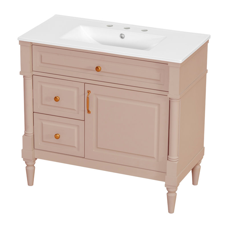 Elegant 36'' Bathroom Vanity With Ceramic Sink, Light Pink
