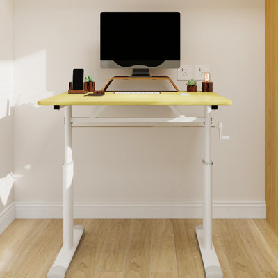 Height - Adjustable Desk For & Adults, White Table Legs Design, Hand Mechanism, Double Column Support, Suitable Small Office And Adjustment, Wood Iron