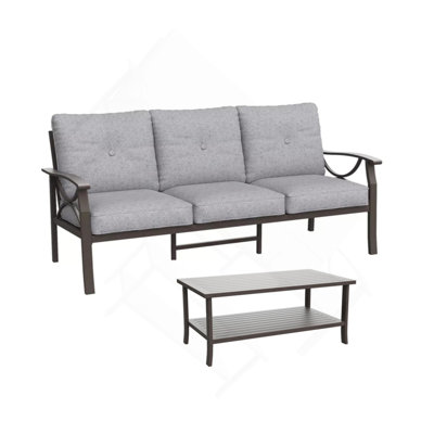 Ensemble de patio extérieur 2 pièces, canapé de patio 70 po en métal toutes saisons à 3 places et table basse rectangulaire, structure kaki avec coussins gris