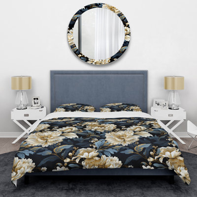 Beige And Blue Ornate Damask Legacy Box Stitch Floral Duvet Cover