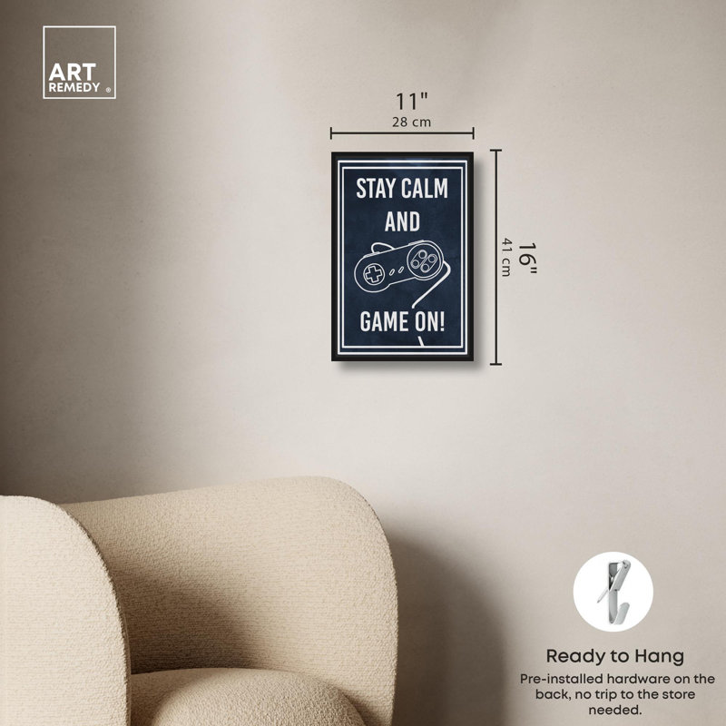 «Stay Calm Canvas Gamer Art Prints» par Art Remedy, H 16 po x l 11 po, Cadre noir