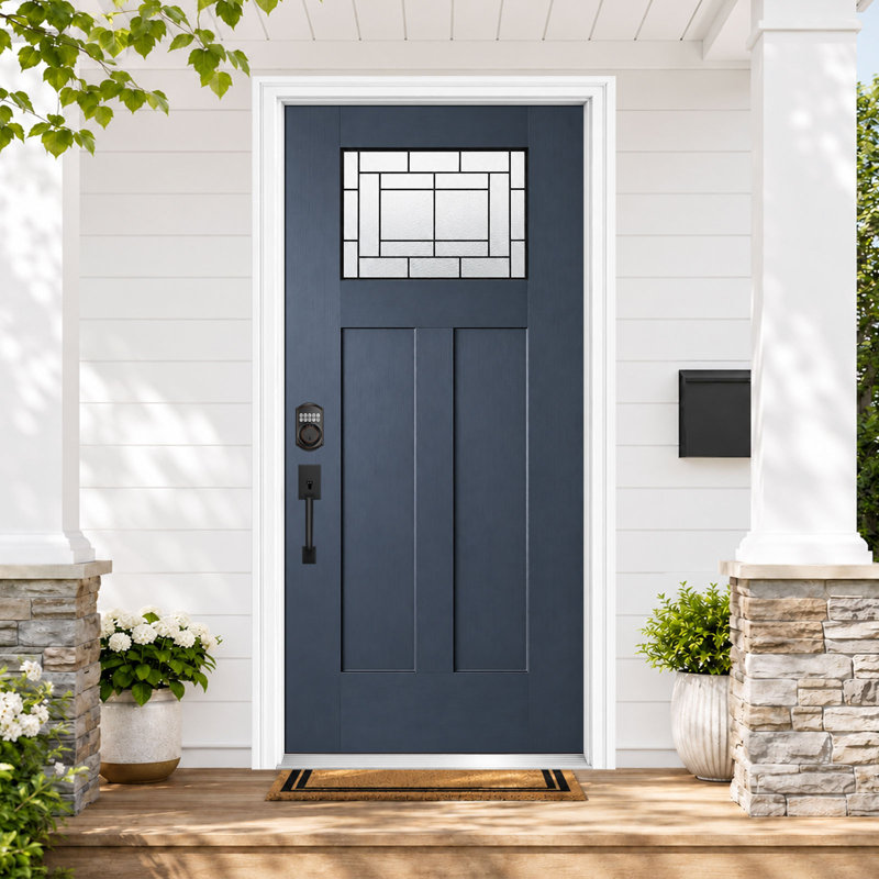 36 In. x 80 In. Blue Fibreglass Front Entry Door, Right-Hand Inswing,Tempered Privacy Glass with Decorative Caming Knock-Down Design, 4-9/16 In. Vinyl Frame & Brickmould