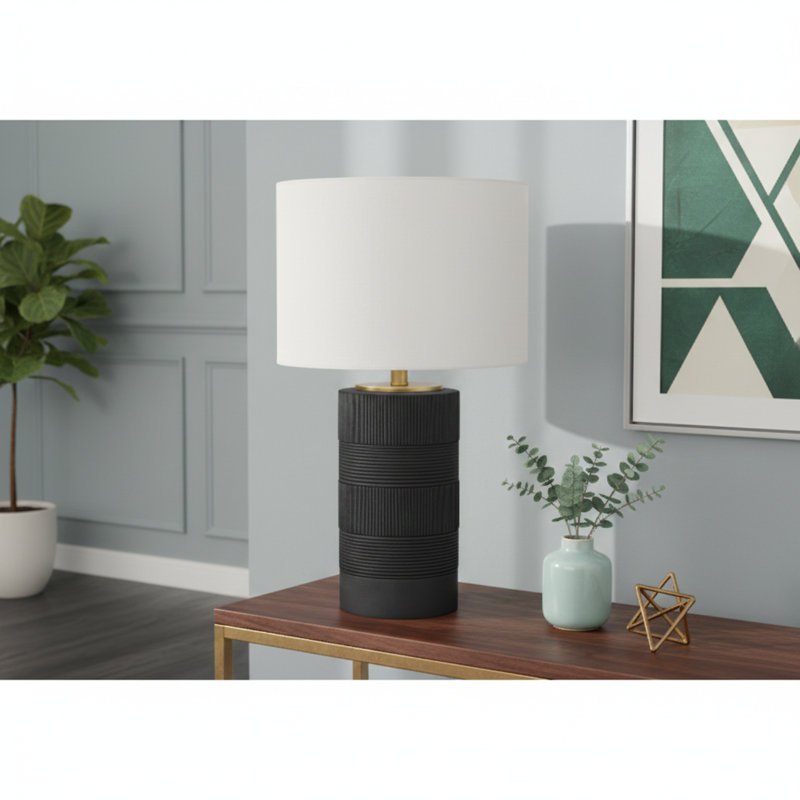 Lighting, H 24 po, lampe de table, résine noire, abat-jour ivoire / crème, contemporain
