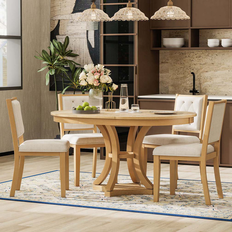 Ensemble de table de salle à manger 5 pièces Retro Table extensible et 4 chaises rembourrées, Beige / Naturel, Naturel