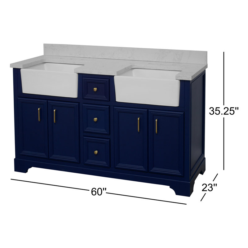 Ensemble de meuble-lavabo double 60 po Emiliano, Bleu royal, Carrare d'ingénierie