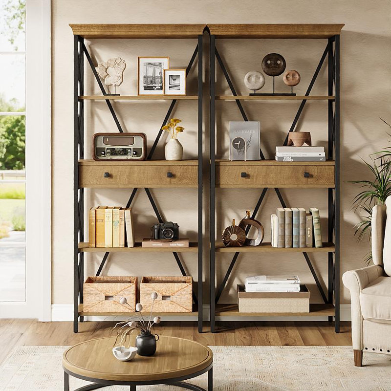 Industrial Bookshelf With Drawers, 70.9" Tall Bookcase Open Shelf And Stable X Frame For Living Room, Office, Bedroom, 1