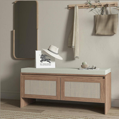 PP Rattan Bench With Storage,Faux Rattan Shoe Cabinet With 2 Doors,Farmhouse Shoe Bench For Living Bedroom,Natural