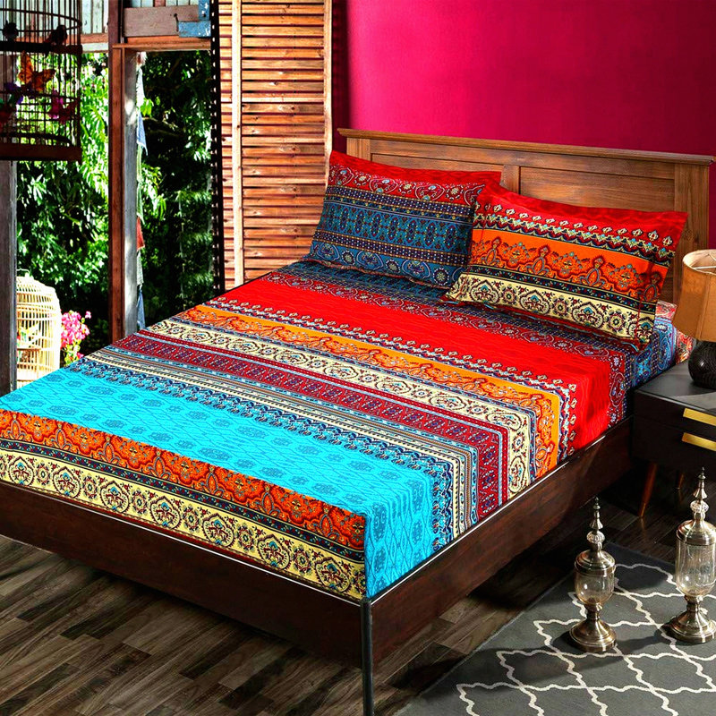 Boho Stripe Dream Set - 3 Piece Exotic Fitted Sheet & Pillow Shams in 100% Sanded Cotton. Thick Bohemia Bedding for Queen Size Bed.