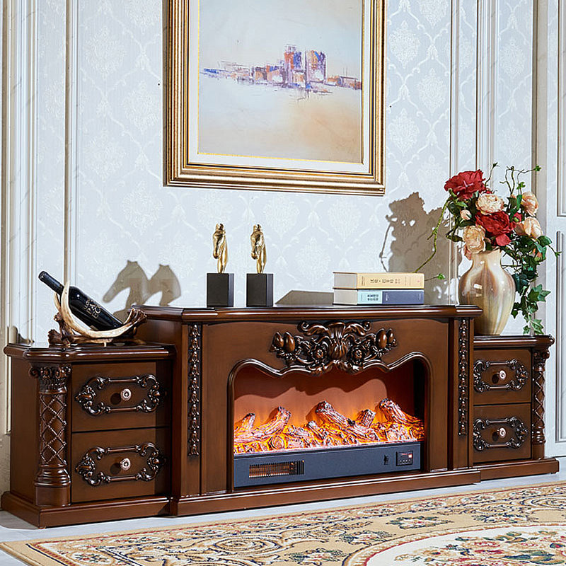 Carved Electronic Fireplace TV Storage Cabinet, Brown