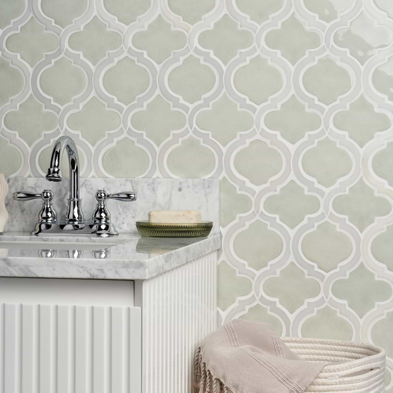 Nabi Arabesque 4" Mixed Finish Glass & Marble Mosaic Tile, Tundra Gray