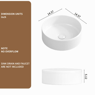 14 Inch Round Porcelain Ceramic White Vessel Sink, Wave Patterns And Vertical Stripes, Easy To Clean For Bathroom Upgrades Modern Sink In Ceramic, Stain - Surface