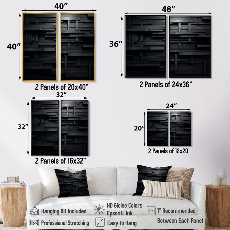 Black Brick Cube Dimensions V - Abstract Geometric Wall Art, Set of 2 Prints on Canvas, 20" H x 24" W, Wrapped Canvas