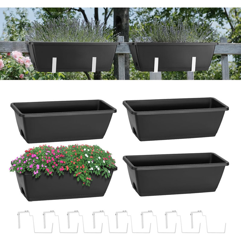 Railing Planter Balcony Hanging Planter Metal Bracket, 4, White