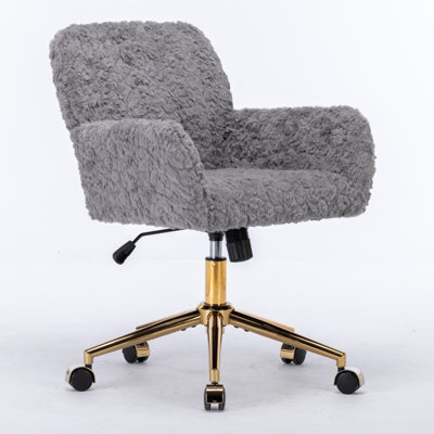 Chaise de bureau, chaise de bureau en poils de lapin artificiel avec base en métal, chaise de bureau pivotante réglable, chaise de coiffeuse