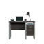 Bureau brun foncé pour atelier de loisirs créatifs et bureau, design compact à un seul piétement, tiroir de rangement avec butées métalliques, structure moderne noire et argentée, tiroir à fermeture fluide, 114 cm de long, 46 cm de hauteur