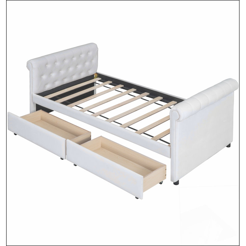 Lit de jour rembourré avec tiroirs, support en lattes de bois, Beige
