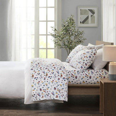 4 Pcs Full Printed Sheet With White Village Print, 100% Cotton Flannel, Cozy Ultra - Soft Handfeel, Includes Flat Sheet, Fitted And 2 Pillowcases, Machine Washable, In Design, Flannel For A Sleep,
