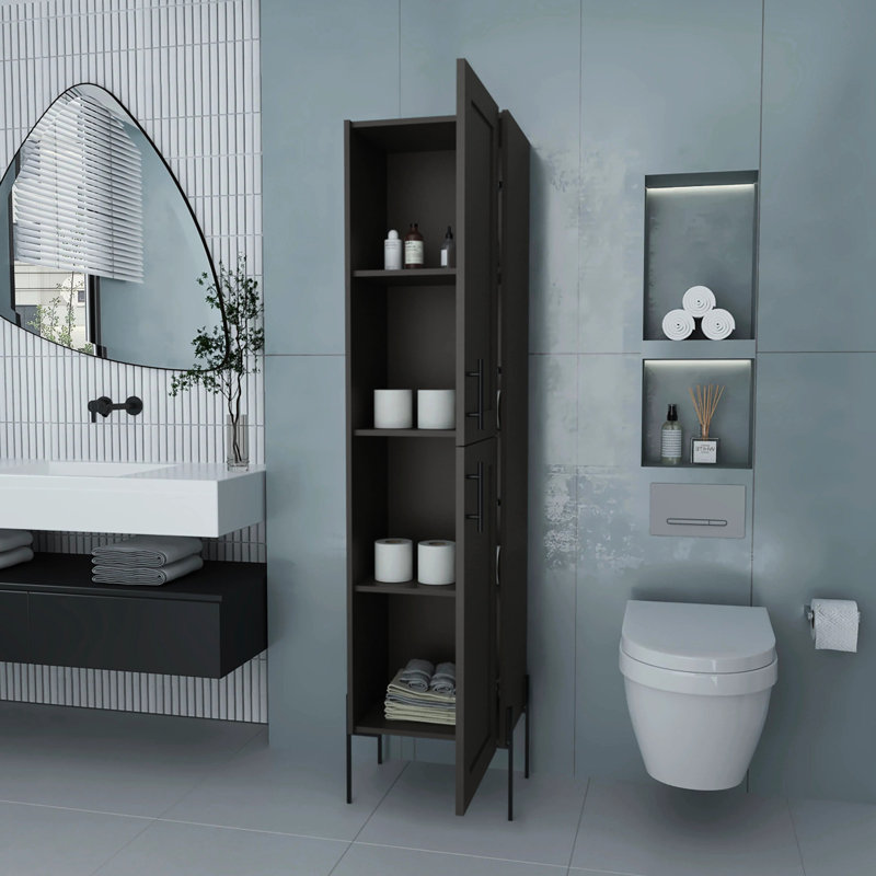 Armoire de rangement moderne pour salle de bain gris mat avec 4 tablettes pour maximiser l'organisation