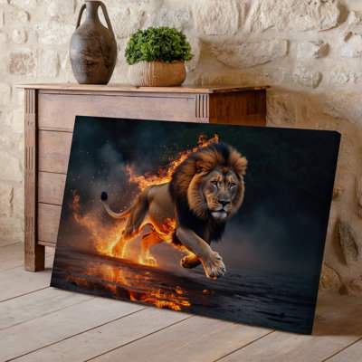 Canvas A Majestic Lion Emerges From A Dark Smoky Background Its Wall Art Body Engulfed In Vibrant Flames That Flicker And Dance Canvas Wall Art