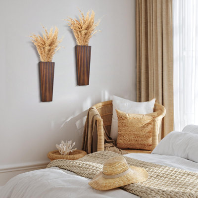 2PCS Wood Wall Planter For Indoor Plants, Wooden Hanging Planter For Dried Flowers And Artificial Greenery Plants,Abstract Vase