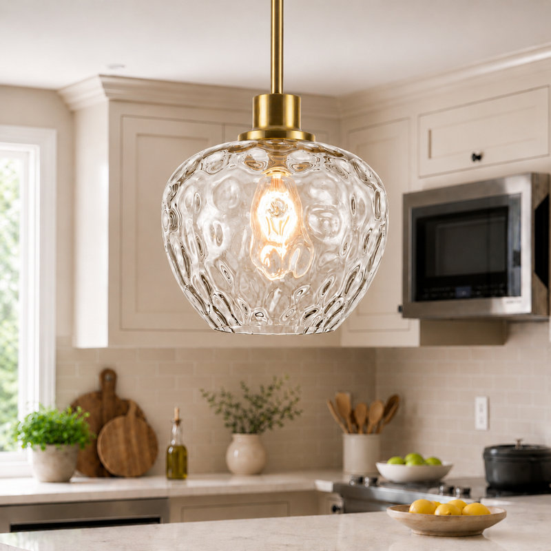 Aguilera 1-Light Apple-Shaped Water Glass Pendant Light for Kitchen Island, Dining, 9.1" W, E26 Base, Gold, Clear