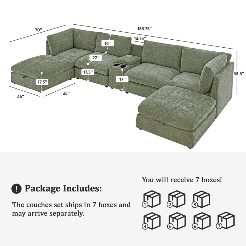 Parkton 7 Piece Chenille Upholstered Sectional Sofa,  U-shaped Modular Couch Sofa with 2 Storage Ottoman & Cup Holder