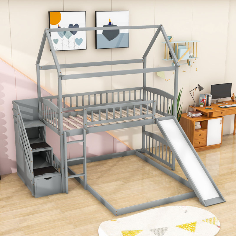 Anterrius Twin Over Full Bunk Bed With Playhouse Design and Slide, Gray