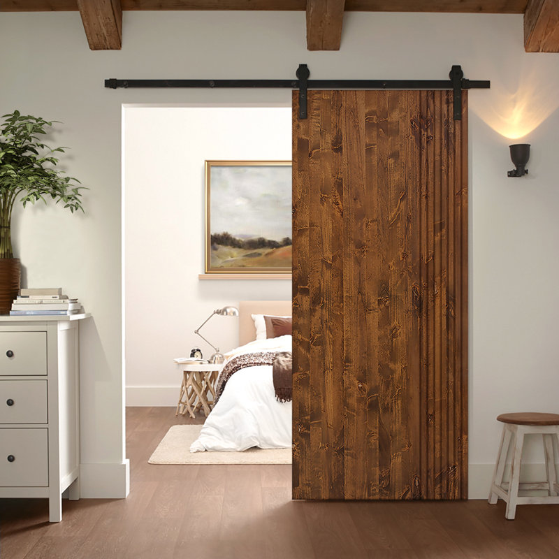 Porte de grange en bois massif lambrissé et métal, Noyer, H 80 po x l 42 po
