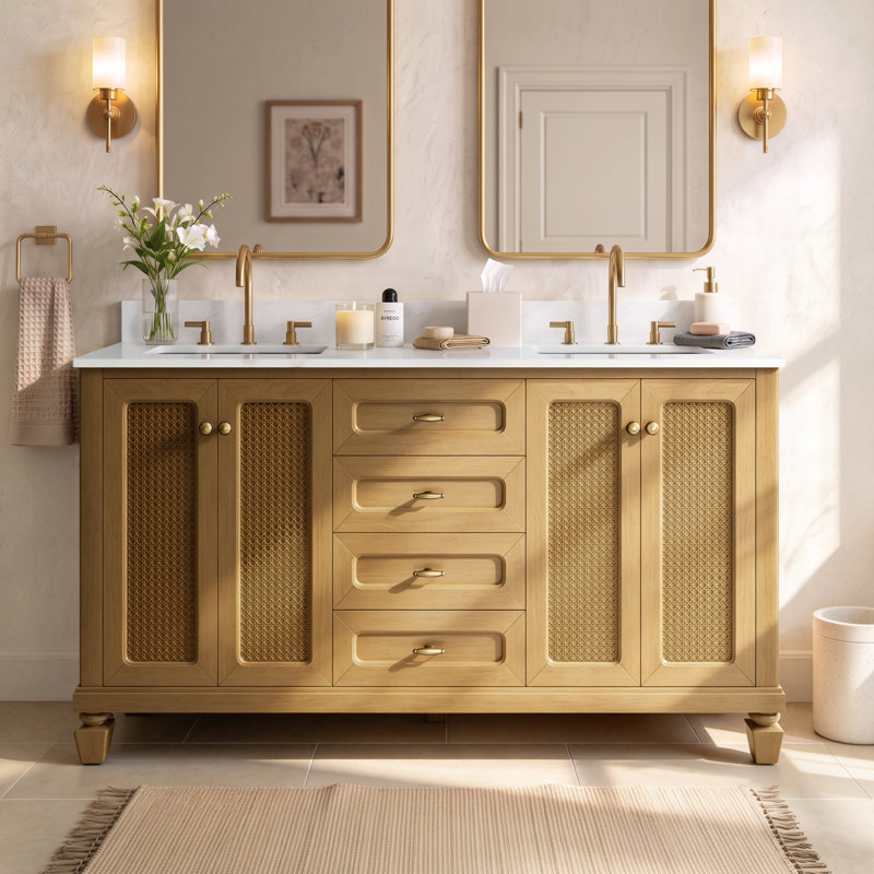 Meuble-lavabo double 60 po avec comptoir en marbre d'ingénierie, lavabo en céramique, dosseret, Brun, 60"
