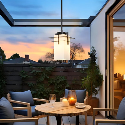 Hampton 1-Light Modern Dimmable Single Outdoor Pendant Light in Matte Black with Frosted White Glass Shade