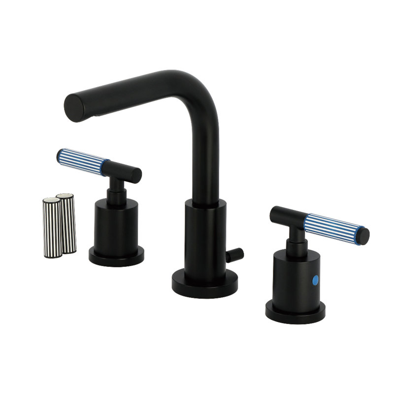 Kingston Brass Synchronous Two-Handle 3-Hole Deck Mount Widespread Bathroom Faucet with Brass Pop-Up Drain, Matte Black
