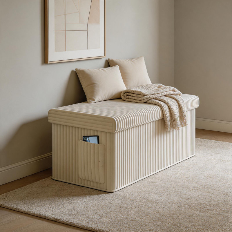 Beige Large Corduroy Foldable Storage Ottoman With Side Pockets, For Bedroom And Living Room, Beige