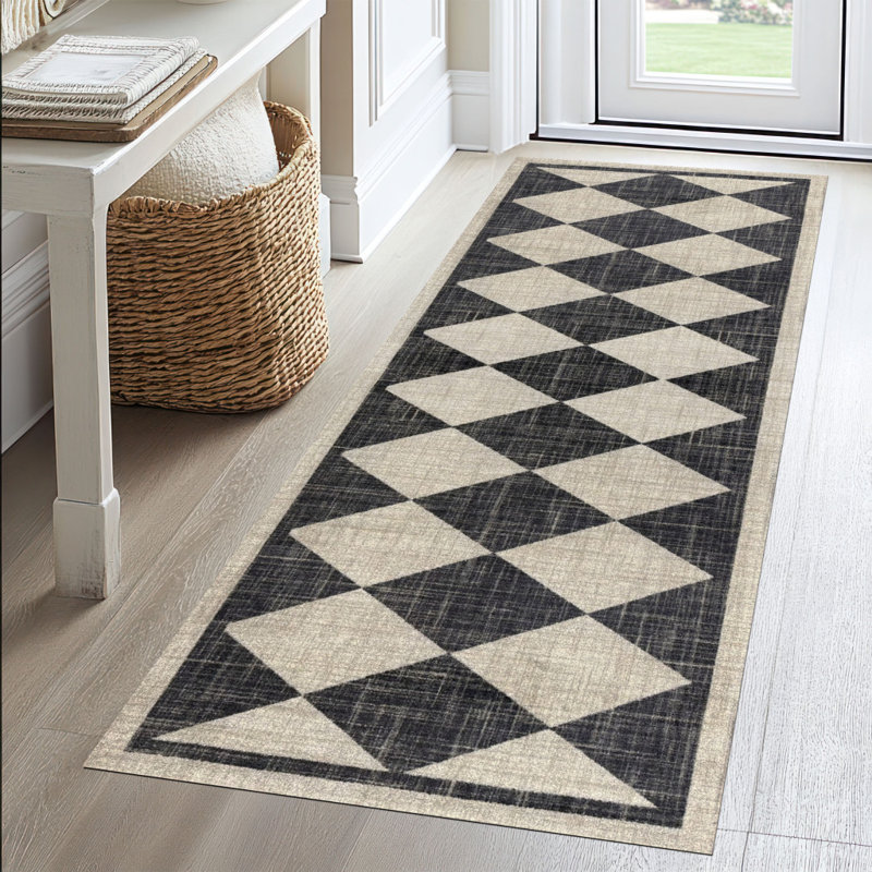 Tapis de couloir lavable une pièce Arthur Diamonds Black, L 75 po x L 28 po