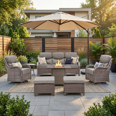 Wickes 7-Piece Outdoor Conversation Set With Fire Pit Table, 3-Seat Sofa & Swivel Gliders, 6" Thick Cushions, All-Weather PE Wicker
