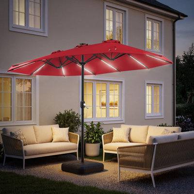 Parasol de marché rectangulaire éclairé 180 po x 108 po avec base, parasol double face 15 pieds avec barre lumineuse et base, parasols de patio rectangulaires surdimensionnés, très grand parasol de table d'extérieur pour piscine, patio, jardin