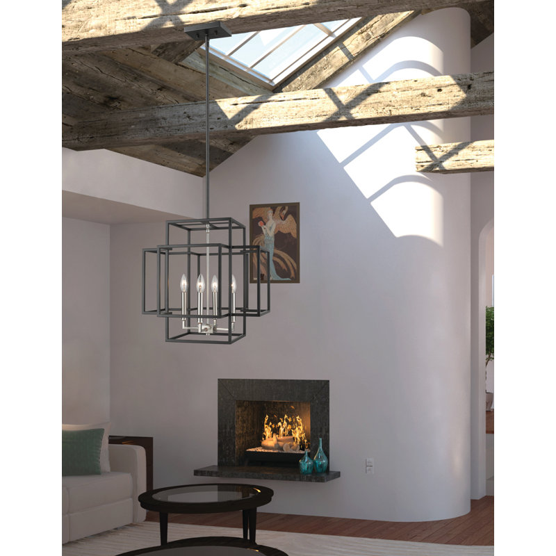 Lustre carré / rectangulaire à 4 lumières Orona, H 22 po x l 22 po x p 22 po, Noir / Nickel brossé