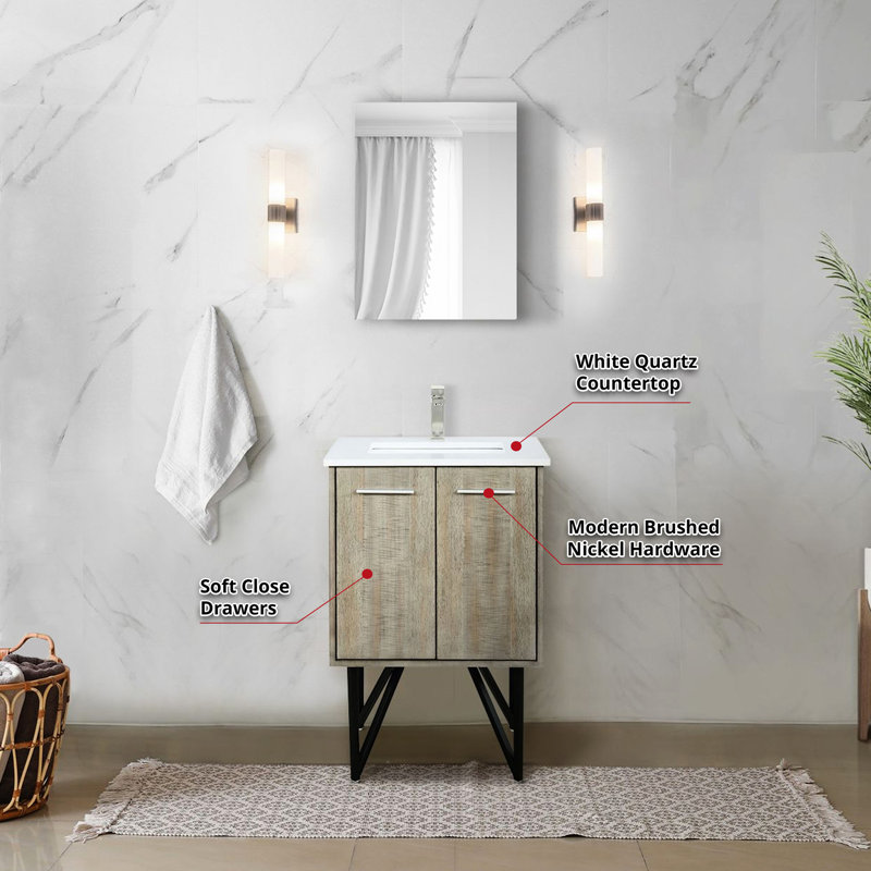 Meuble-lavabo rustique 24 po Large avec comptoir en quartz blanc, empreinte de robinet en nickel brossé et miroir en forme de libellule 18 po
