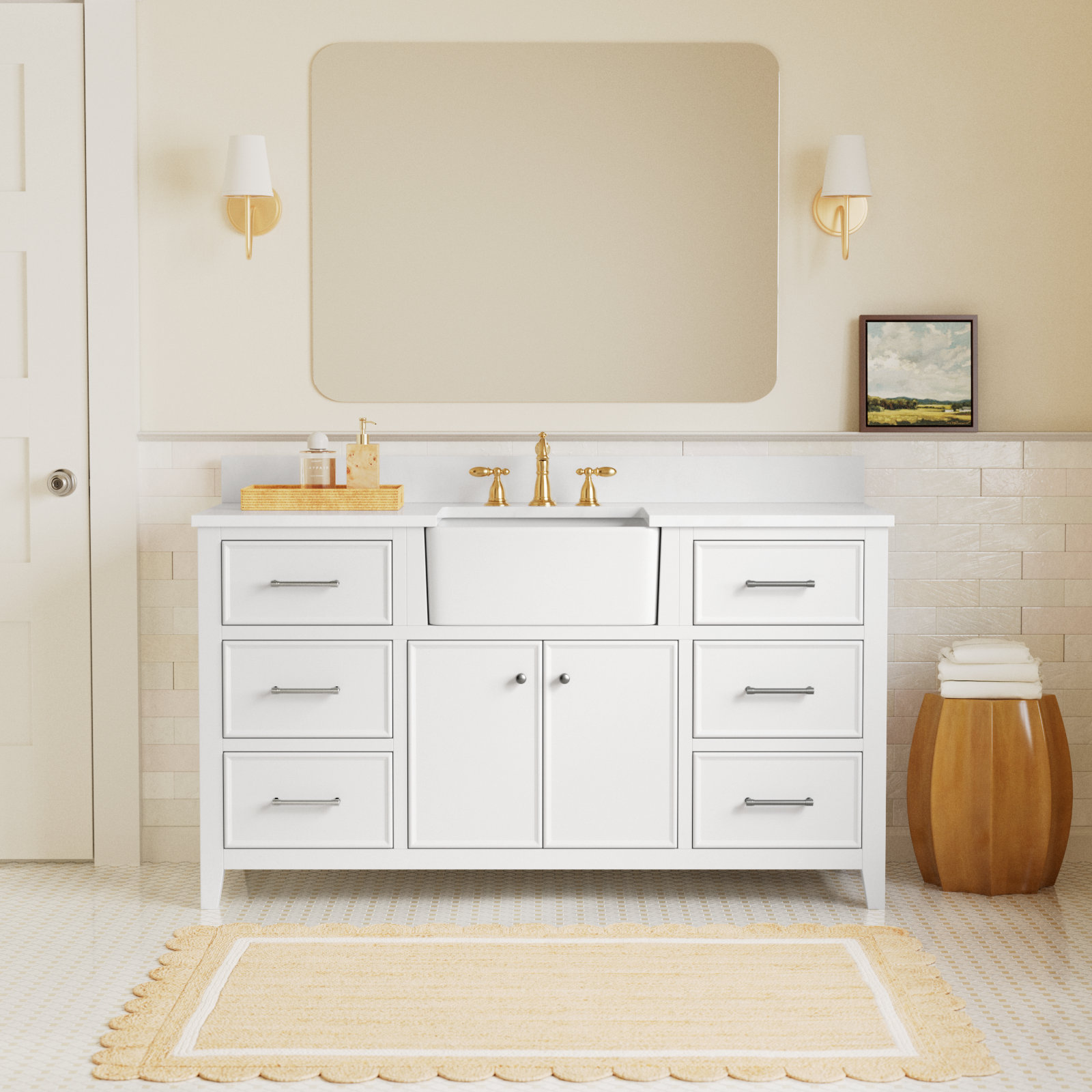 Aisa 60" Pine Single Bathroom Vanity, White/Brushed Nickel