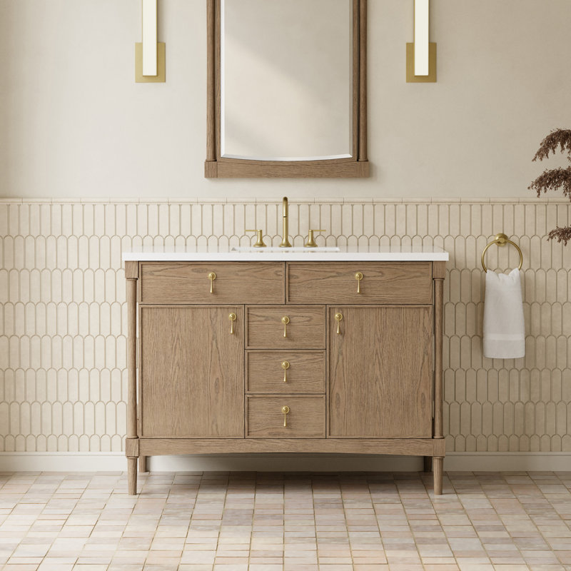 Kinnsden 48" W Single Vanity, White Zeus Silestone, 8" Widespread, Weathered Oak