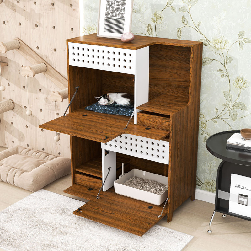 Meuble pour chat 2 en 1, litière et table d'appoint, maisonnette pour chat avec rangement pour 2 chats, Brun