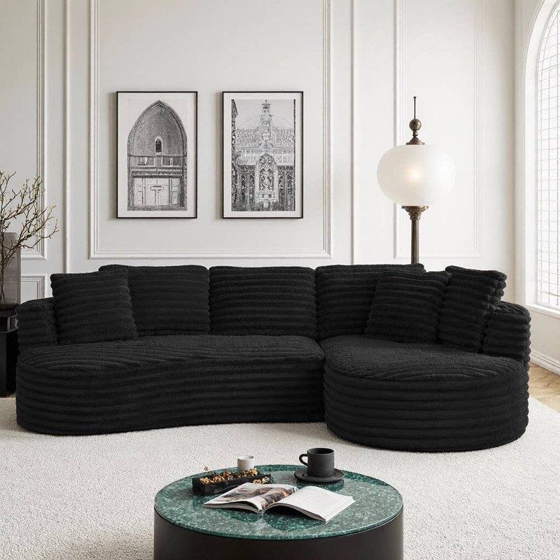 Canapé modulaire incurvé de luxe moderne en L, revêtement en velours côtelé, surface capitonnée, aucun assemblage requis, 4 sièges