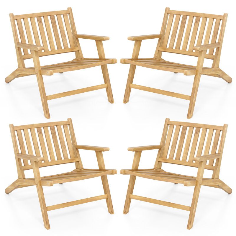 Chaise inclinable d'extérieur en bois de teck de 4 pièces avec dossier et accoudoirs confortables