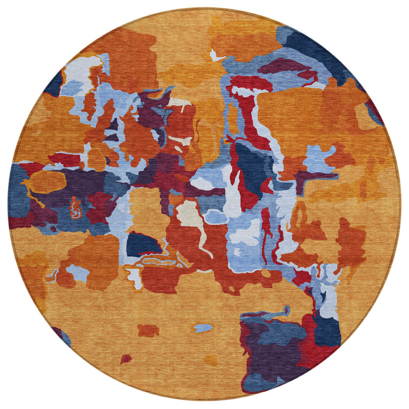 Tapis extérieur rond lavable abstrait 8 pi gris et bourgogne