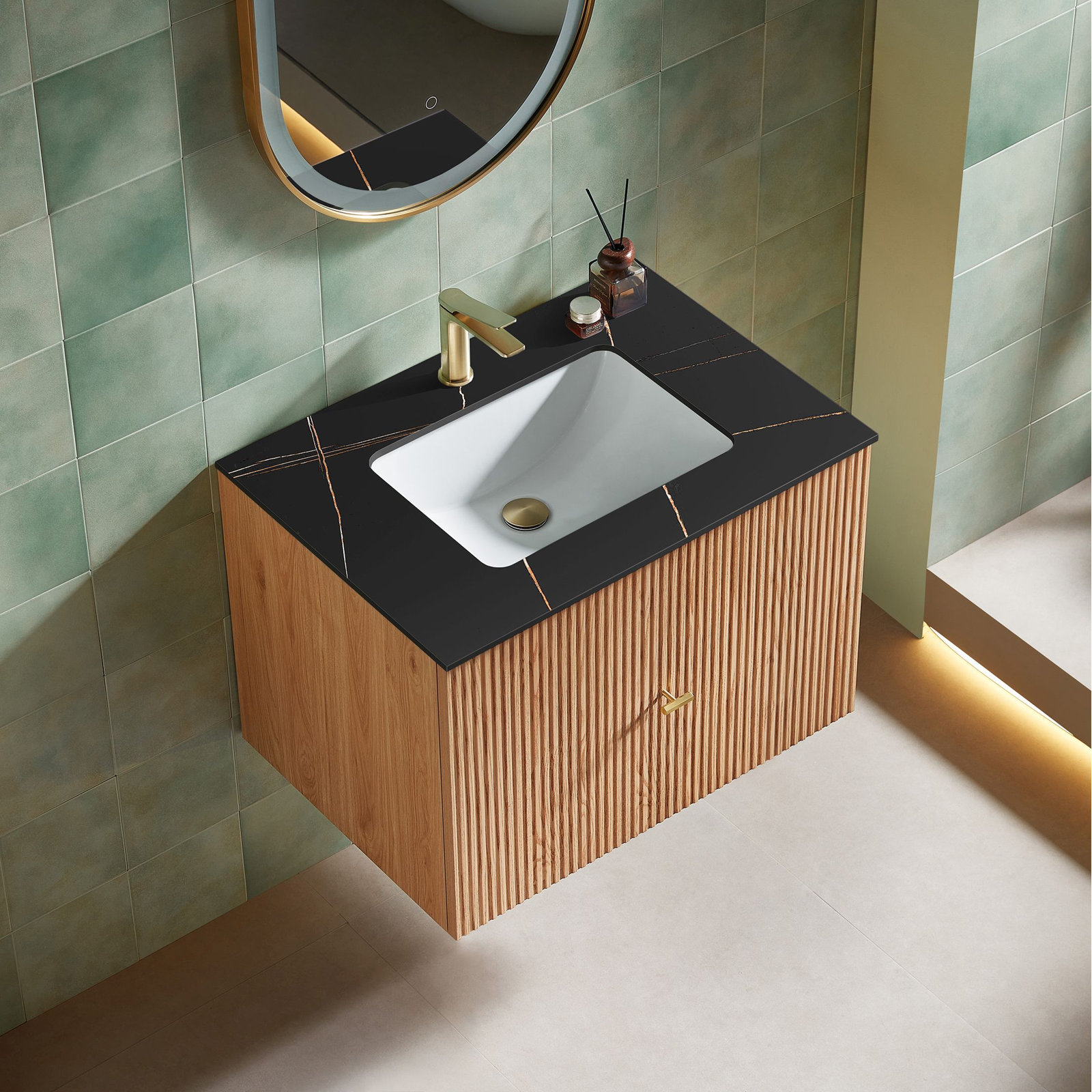 Jamell Single Bathroom Vanity, Black, Natural Oak
