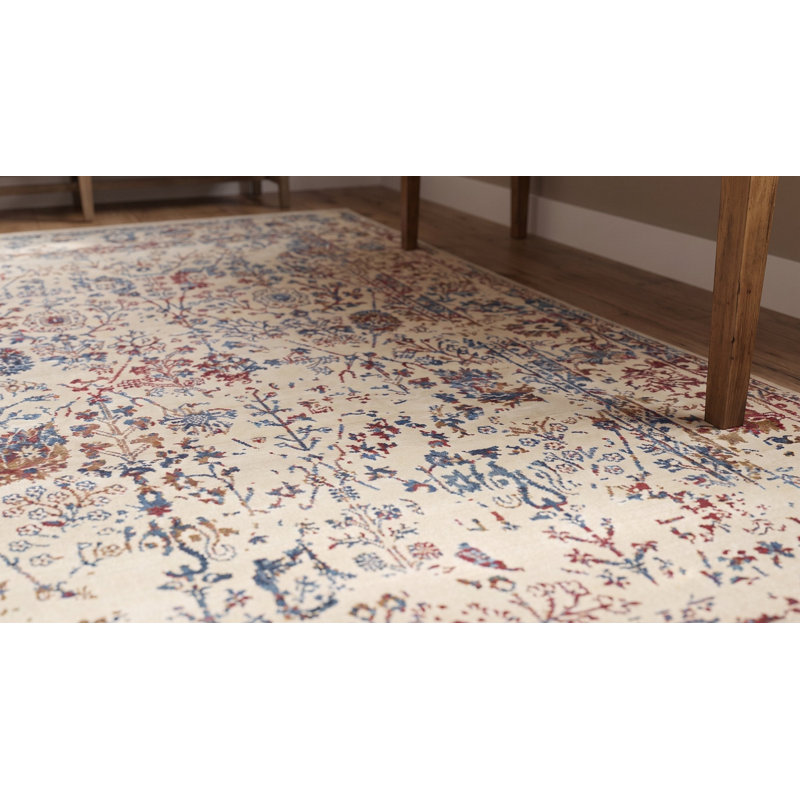 Tapis contemporain ivoire en laine à motif floral délavé à bordure florale, 8 pi x 10 pi