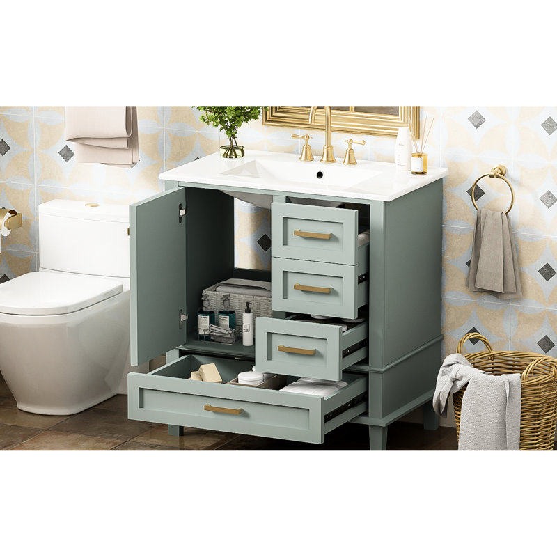 Meuble-lavabo de 30 po: armoire avec 3 tiroirs, fonction de fermeture en douceur, lavabo en céramique, comptoir blanc, tiroirs spacieux avec cadre en bois massif et 1 porte à fermeture, bois, assemblage facile pour la mise à niveau