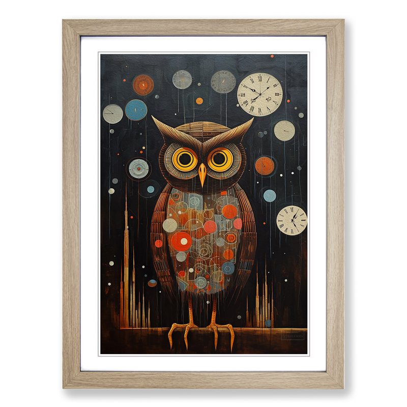 Owl Dadaism No.2 - Single Picture Frame Print on Wood, Oak Framed, 64cm H x 46cm W x 2cm D