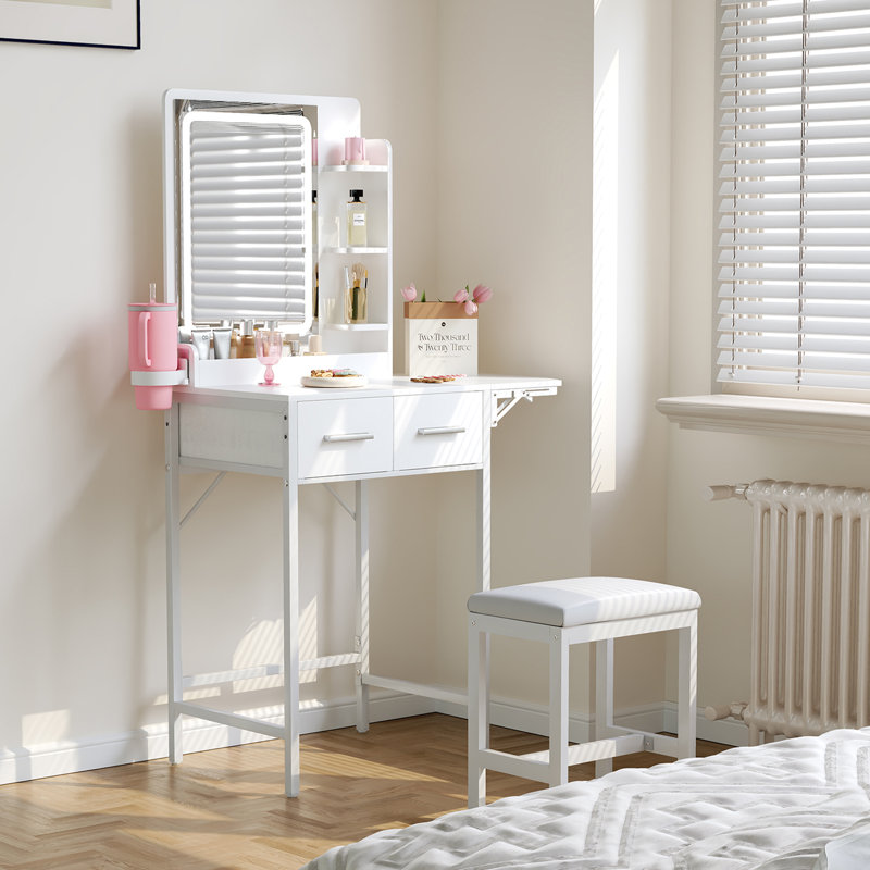 Small Makeup Vanity Set with LED Mirror & Stool, White