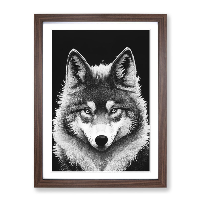 Monochrome Wolf No.4 - Framed Print, 64cm H x 46cm W, Walnut